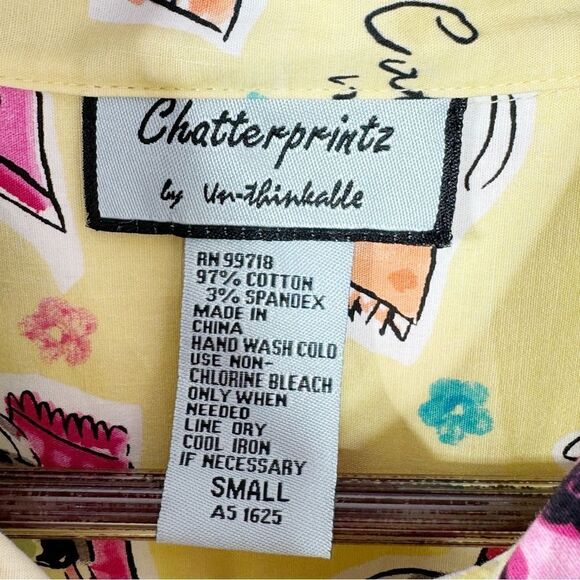 Chatterprintz Cats on Mats Button Up Shirt Yellow Small Long Sleeve - Picture 9 of 11